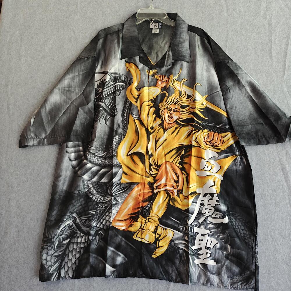 VTG Trust Shirt Mens 4XL Black Gray Anime Dragon Graphic Short Sleeve Button-Up